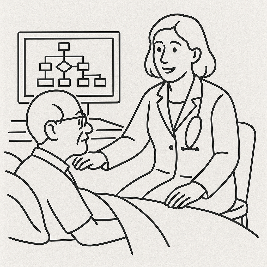 Clinician and patient connecting at the bedside, with clinical pathway flowchart in the background